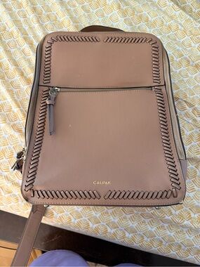 Calpak Kaya Brown Woven-Trim Laptop Backpack
